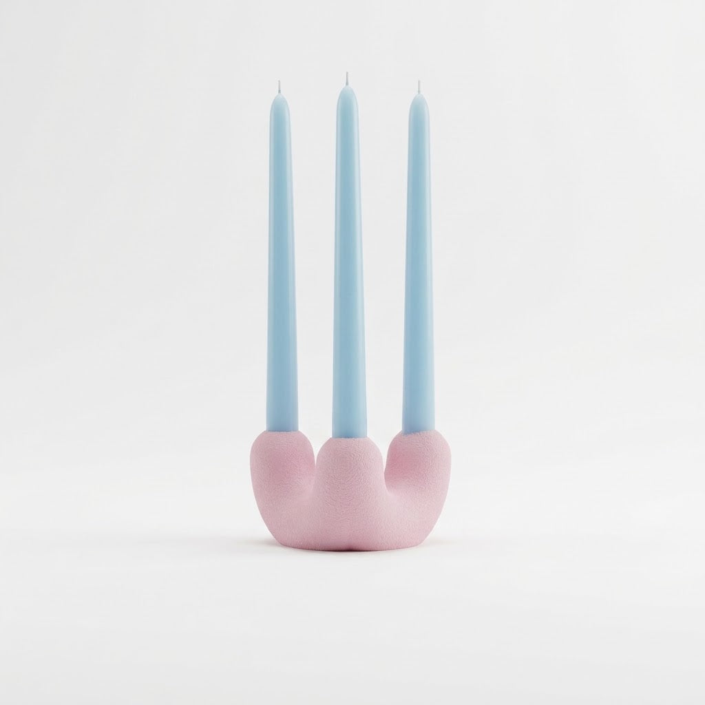 Bougeoir TriU rose garni de trois chandelles bleu clair