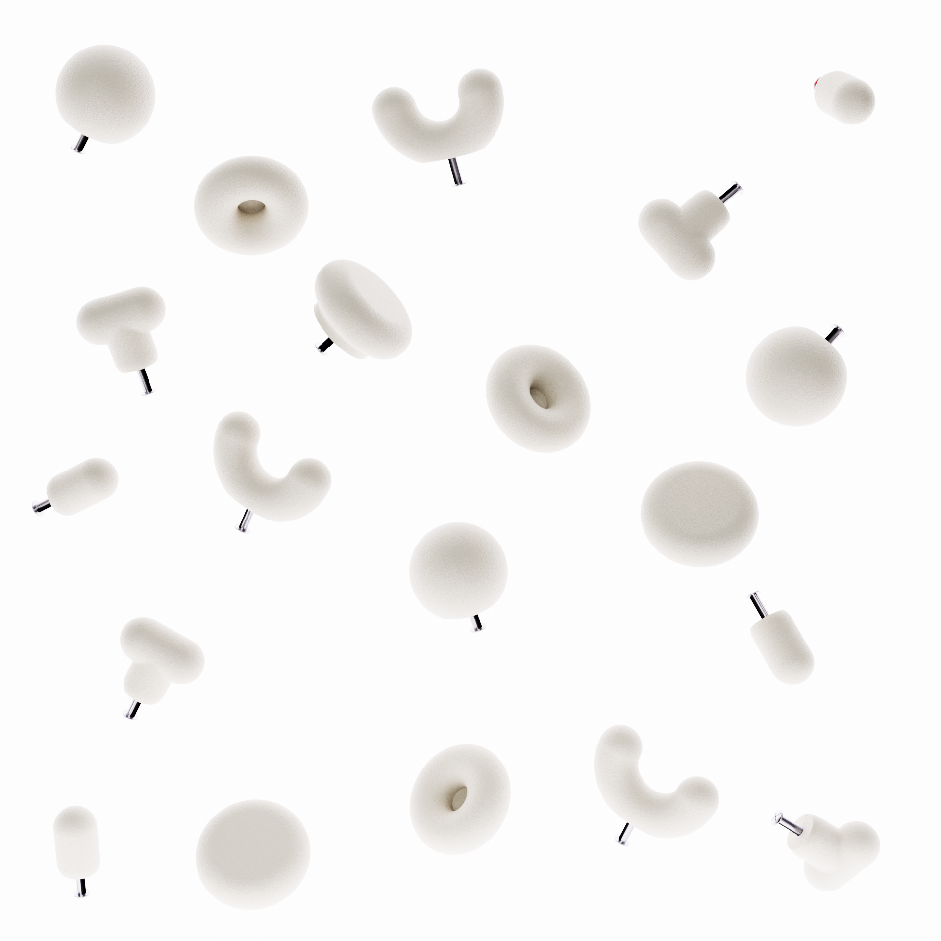 Boutons de meuble beige sur fond blanc. Les boutons de meubles colorés sont de différentes formes géométriques (5 formes)
La photographie présente le bouton de meuble forme donuts, le bouton de meuble forme U et le bouton de meuble rond. Le photographie présente le système de fixation pour un tiroir ou une porte de meuble intégré directement dans la poignée de meuble moderne. 