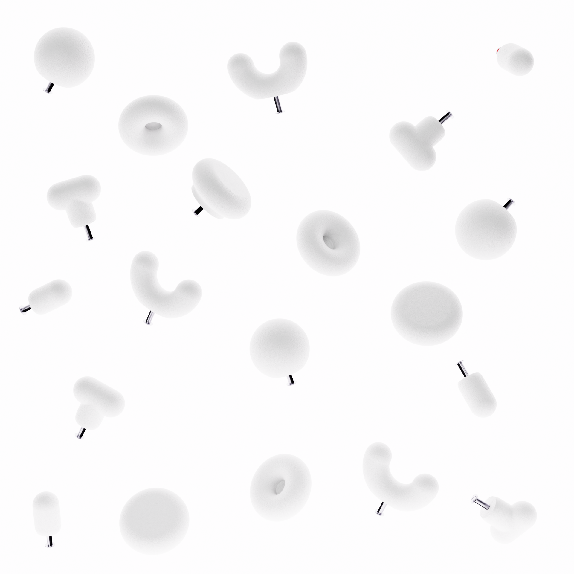 Boutons de meuble blanc sur fond blanc. Les boutons de meubles moderne sont de différentes formes géométriques (5 formes)
La photographie présente le bouton de meuble forme donuts, le bouton de meuble forme U et le bouton de meuble rond. Le photographie présente le système de fixation pour un tiroir ou une porte de meuble intégré directement dans la poignée de meuble moderne. 