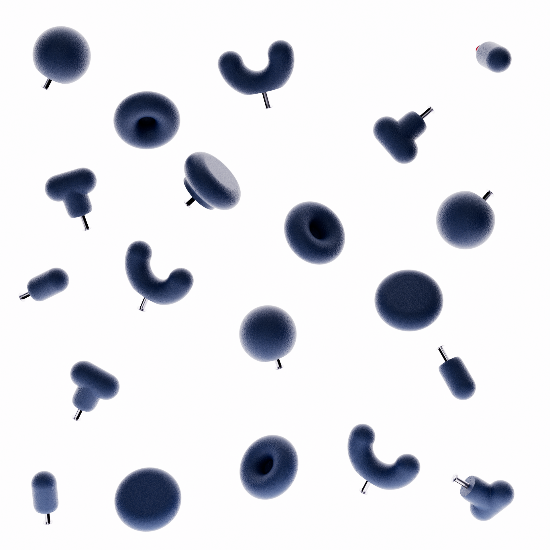 Boutons de meuble bleu nuit sur fond blanc. Les boutons de meubles colorés sont de différentes formes géométriques (5 formes)
La photographie présente le bouton de meuble forme donuts, le bouton de meuble forme U et le bouton de meuble rond. Le photographie présente le système de fixation pour un tiroir ou une porte de meuble intégré directement dans la poignée de meuble moderne. 