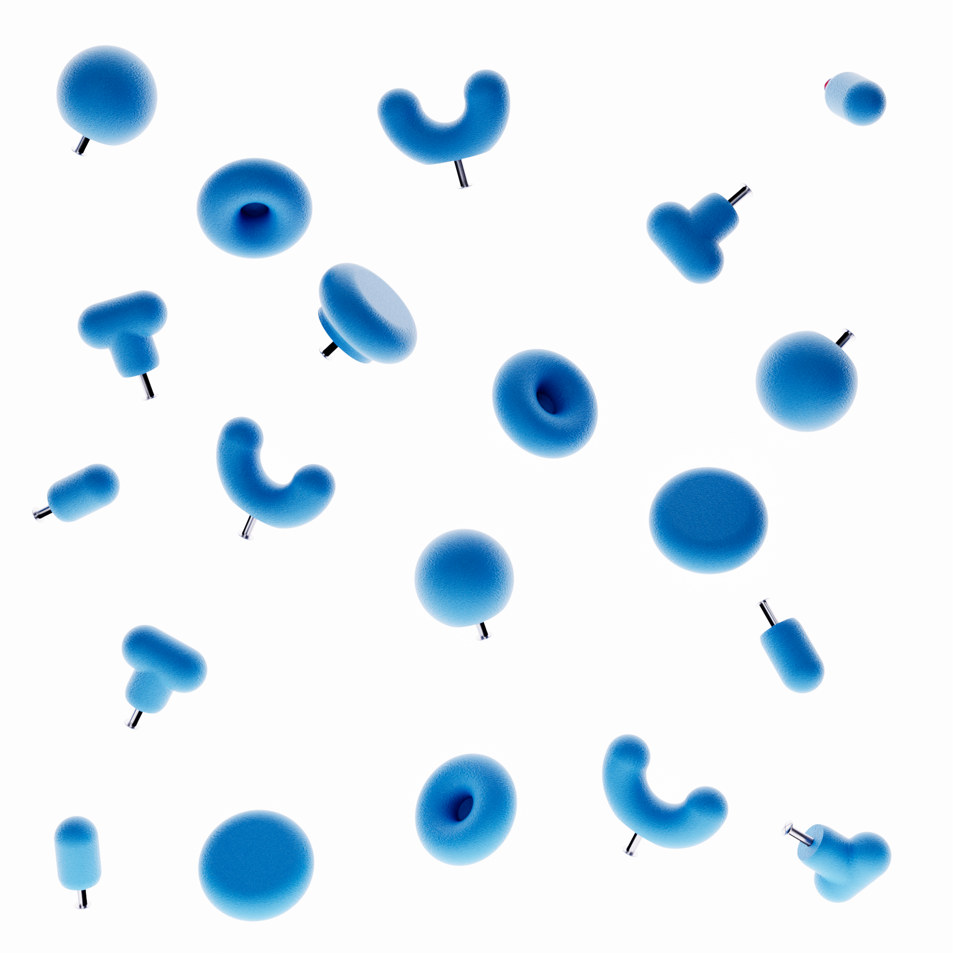 Boutons de meuble bleu vif sur fond blanc. Les boutons de meubles colorés sont de différentes formes géométriques (5 formes)
La photographie présente le bouton de meuble forme donuts, le bouton de meuble forme U et le bouton de meuble rond. Le photographie présente le système de fixation pour un tiroir ou une porte de meuble intégré directement dans la poignée de meuble moderne. 