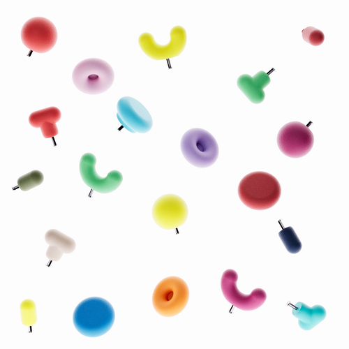 Boutons de meuble coloré sur fond blanc. Les boutons de meubles customisable sont de différentes formes géométriques (5 formes) et de différentes couleurs
La photographie présente le bouton de meuble bleu forme donuts, le bouton de meuble jaune forme U et le bouton de meuble orange rond. Le photographie présente le système de fixation pour un tiroir ou une porte de meuble intégré directement dans la poignée de meuble moderne. 