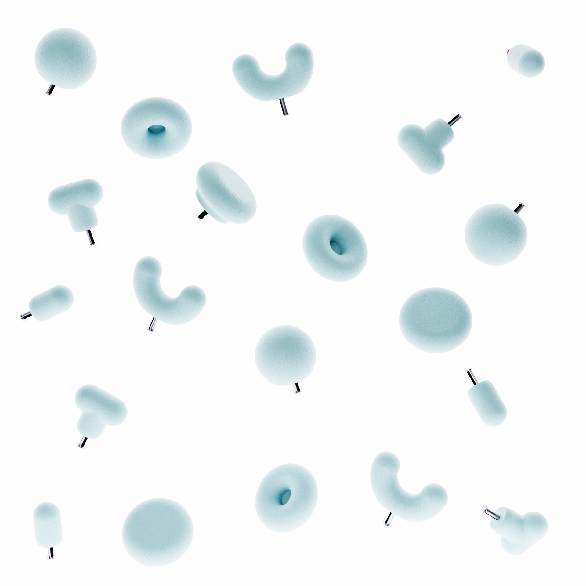Boutons de meuble bleu pastel sur fond blanc. Les boutons de meubles colorés sont de différentes formes géométriques (5 formes)
La photographie présente le bouton de meuble forme donuts, le bouton de meuble forme U et le bouton de meuble rond. Le photographie présente le système de fixation pour un tiroir ou une porte de meuble intégré directement dans la poignée de meuble moderne. 