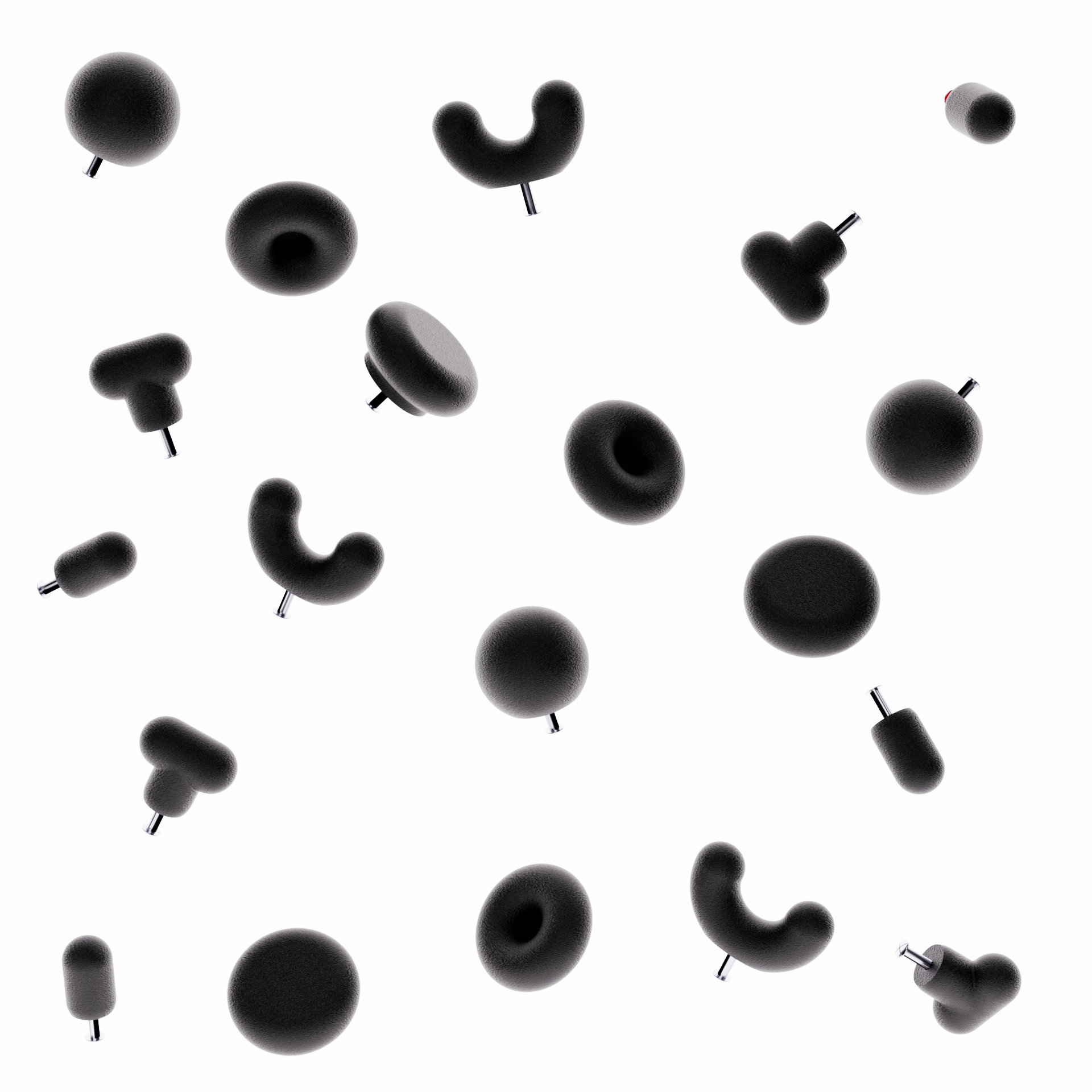 Boutons de meuble noir sur fond blanc. Les boutons de meubles moderne sont de différentes formes géométriques (5 formes)
La photographie présente le bouton de meuble forme donuts, le bouton de meuble forme U et le bouton de meuble rond. Le photographie présente le système de fixation pour un tiroir ou une porte de meuble intégré directement dans la poignée de meuble moderne. 