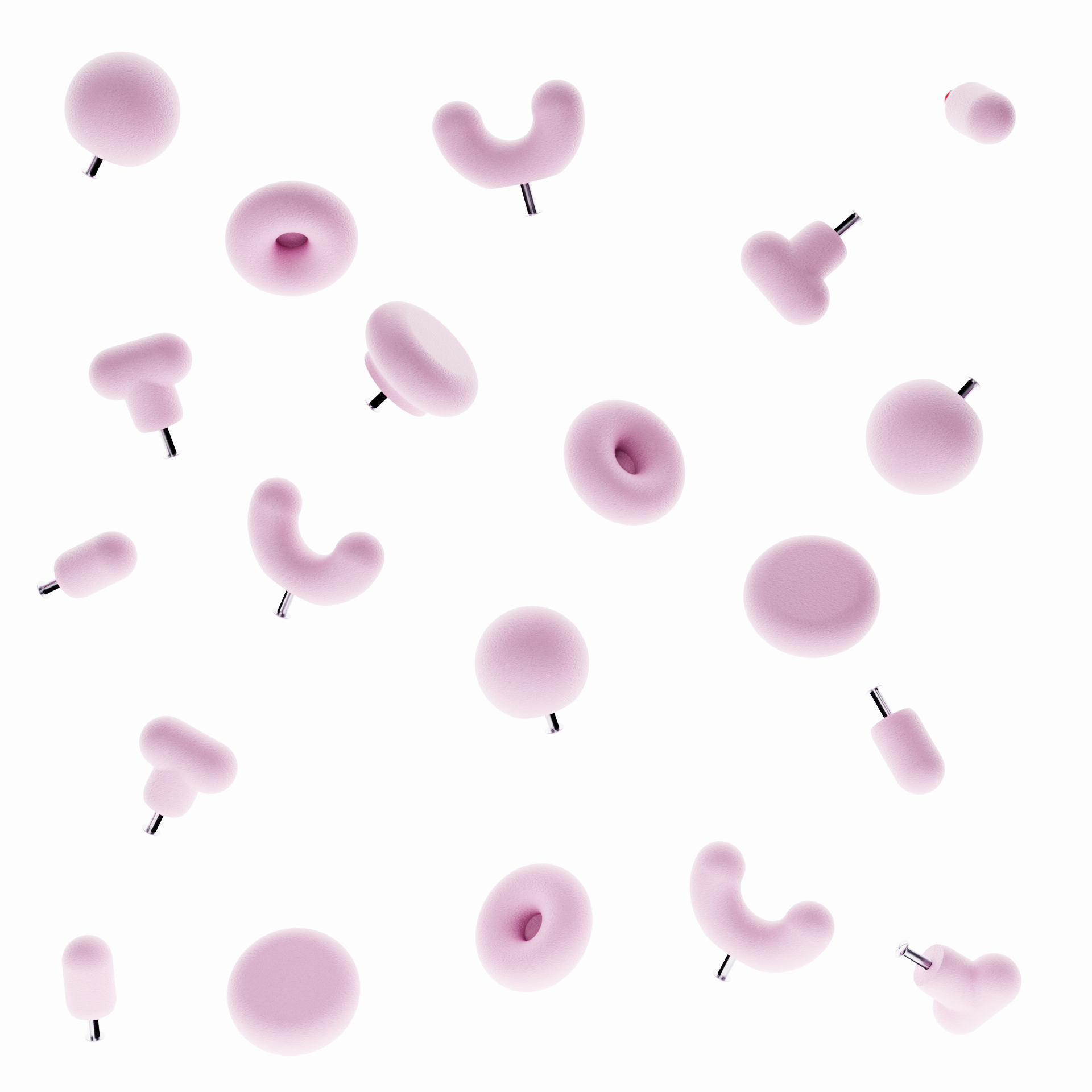 Boutons de meuble rose sur fond blanc. Les boutons de meubles sont de différentes formes géométriques (5 formes)
La photographie présente le bouton de meuble forme donuts, le bouton de meuble forme U et le bouton de meuble rond. Le photographie présente le système de fixation pour un tiroir ou une porte de meuble intégré directement dans la poignée de meuble moderne. 