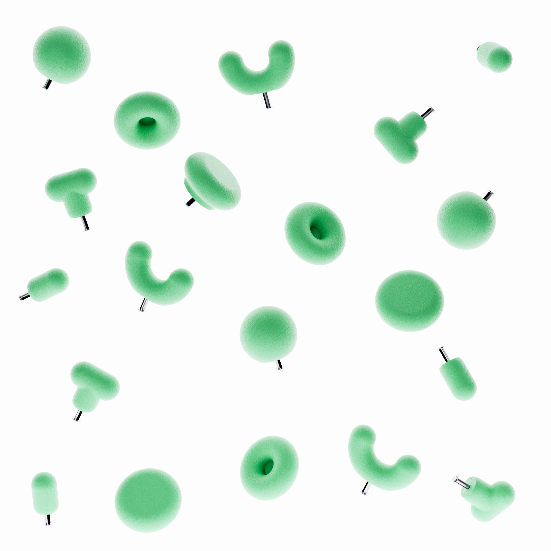 Boutons de meuble vert clair sur fond blanc. Les boutons de meubles colorés sont de différentes formes géométriques (5 formes)
La photographie présente le bouton de meuble forme donuts, le bouton de meuble forme U et le bouton de meuble rond. Le photographie présente le système de fixation pour un tiroir ou une porte de meuble intégré directement dans la poignée de meuble moderne. 