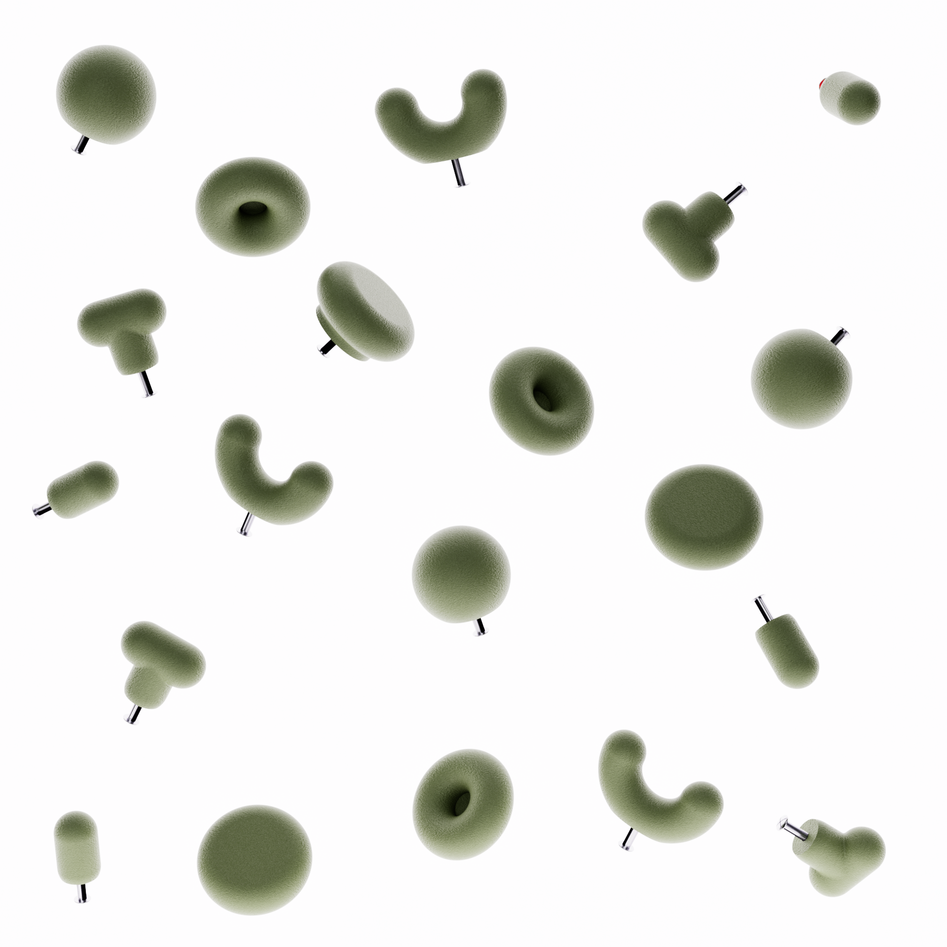 Boutons de meuble vert kaki sur fond blanc. Les boutons de meubles colorés sont de différentes formes géométriques (5 formes)
La photographie présente le bouton de meuble forme donuts, le bouton de meuble forme U et le bouton de meuble rond. Le photographie présente le système de fixation pour un tiroir ou une porte de meuble intégré directement dans la poignée de meuble moderne. 