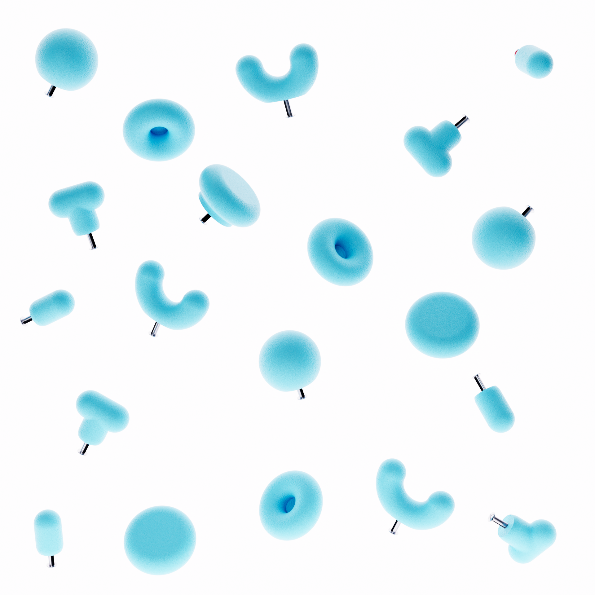 Boutons de meuble bleu ciel sur fond blanc. Les boutons de meubles sont de différentes formes géométriques (5 formes)
La photographie présente le bouton de meuble forme donuts, le bouton de meuble forme U et le bouton de meuble rond. Le photographie présente le système de fixation pour un tiroir ou une porte de meuble intégré directement dans la poignée de meuble moderne. 