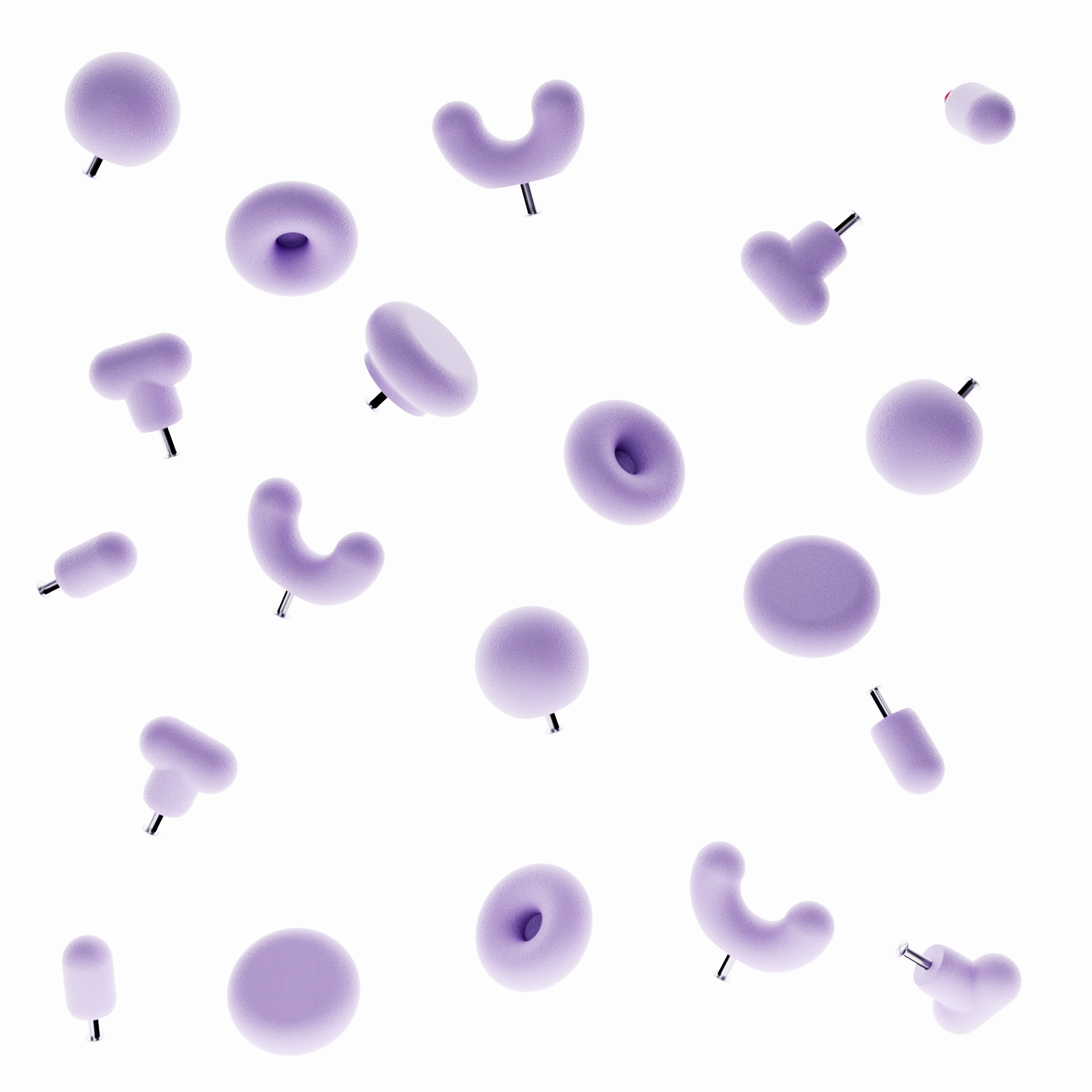 Boutons de meuble violet lila sur fond blanc. Les boutons de meubles sont de différentes formes géométriques (5 formes)
La photographie présente le bouton de meuble forme donuts, le bouton de meuble forme U et le bouton de meuble rond. Le photographie présente le système de fixation pour un tiroir ou une porte de meuble intégré directement dans la poignée de meuble moderne. 