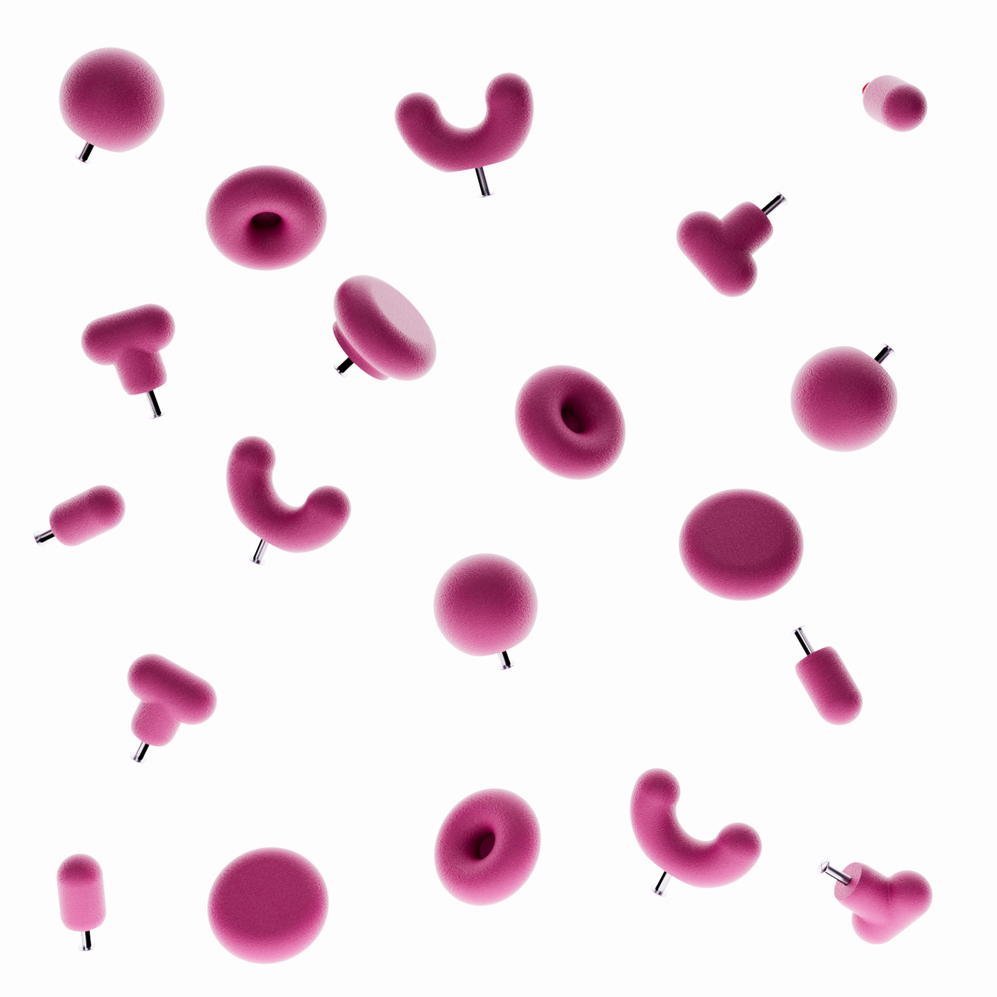 Boutons de meuble prune sur fond blanc. Les boutons de meubles colorés sont de différentes formes géométriques (5 formes)
La photographie présente le bouton de meuble forme donuts, le bouton de meuble forme U et le bouton de meuble rond. Le photographie présente le système de fixation pour un tiroir ou une porte de meuble intégré directement dans la poignée de meuble moderne. 