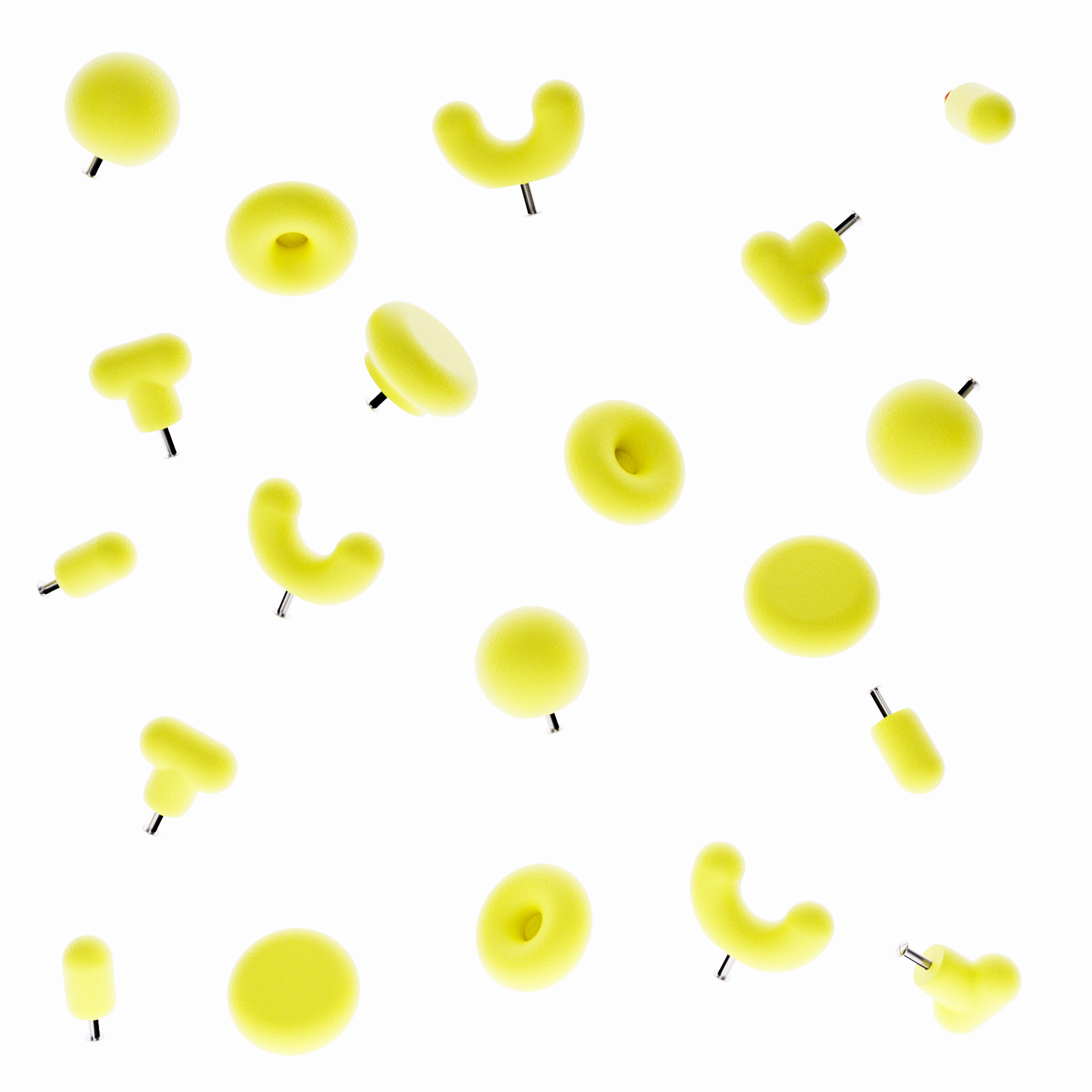 Boutons de meuble jaune sur fond blanc. Les boutons de meubles sont de différentes formes géométriques (5 formes)
La photographie présente le bouton de meuble forme donuts, le bouton de meuble forme U et le bouton de meuble rond. Le photographie présente le système de fixation pour un tiroir ou une porte de meuble intégré directement dans la poignée de meuble moderne. 