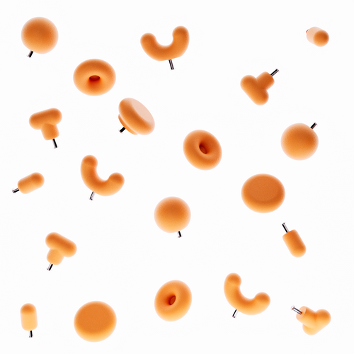 Boutons de meuble orange sur fond blanc. Les boutons de meubles sont de différentes formes géométriques (5 formes)
La photographie présente le bouton de meuble forme donuts, le bouton de meuble forme U et le bouton de meuble rond. Le photographie présente le système de fixation pour un tiroir ou une porte de meuble intégré directement dans la poignée de meuble moderne. 