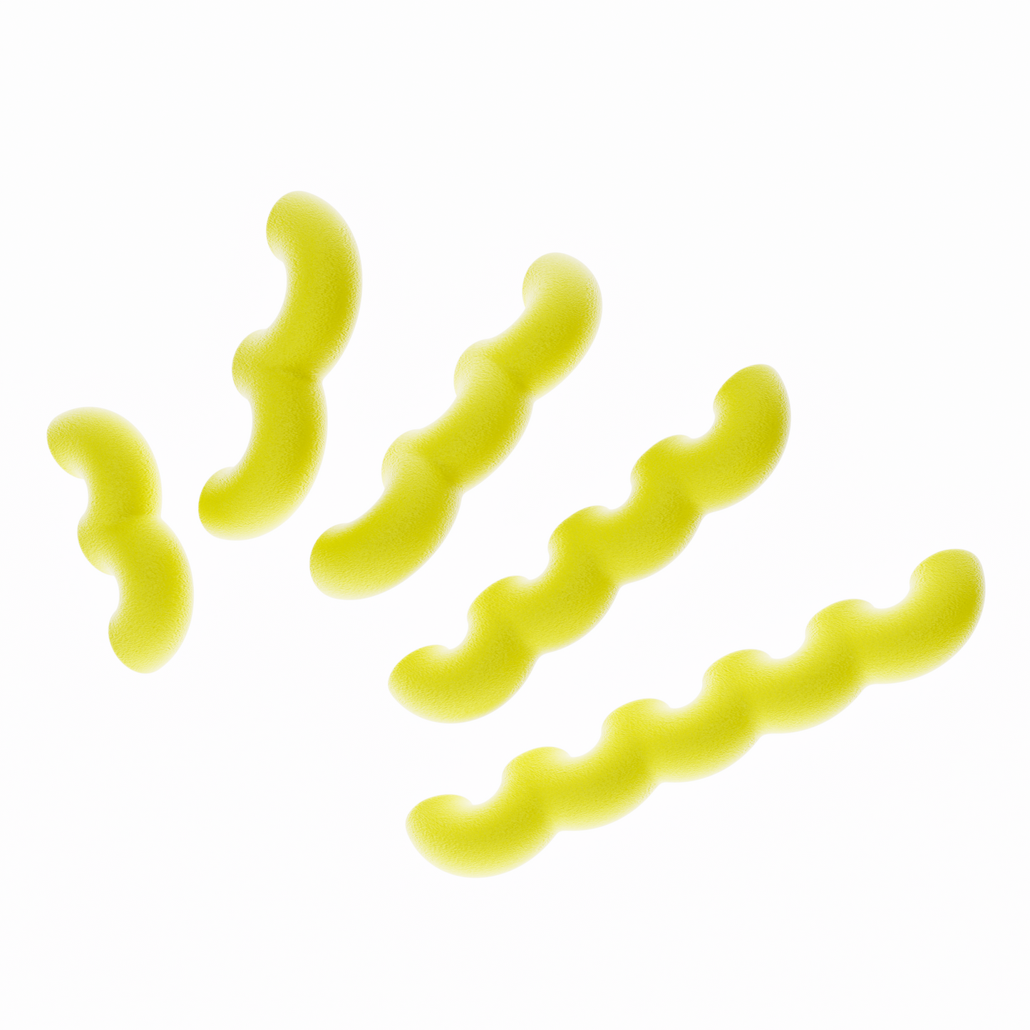 Une vue de présentation de cinq poignées de meubles ondulées en jaune vif, disposées en diagonale par ordre de taille croissant sur un fond blanc pur. Cette image illustre clairement les cinq différentes longueurs disponibles dans la collection. Leur texture est mate et légèrement granuleuse, typique du biopolymère.