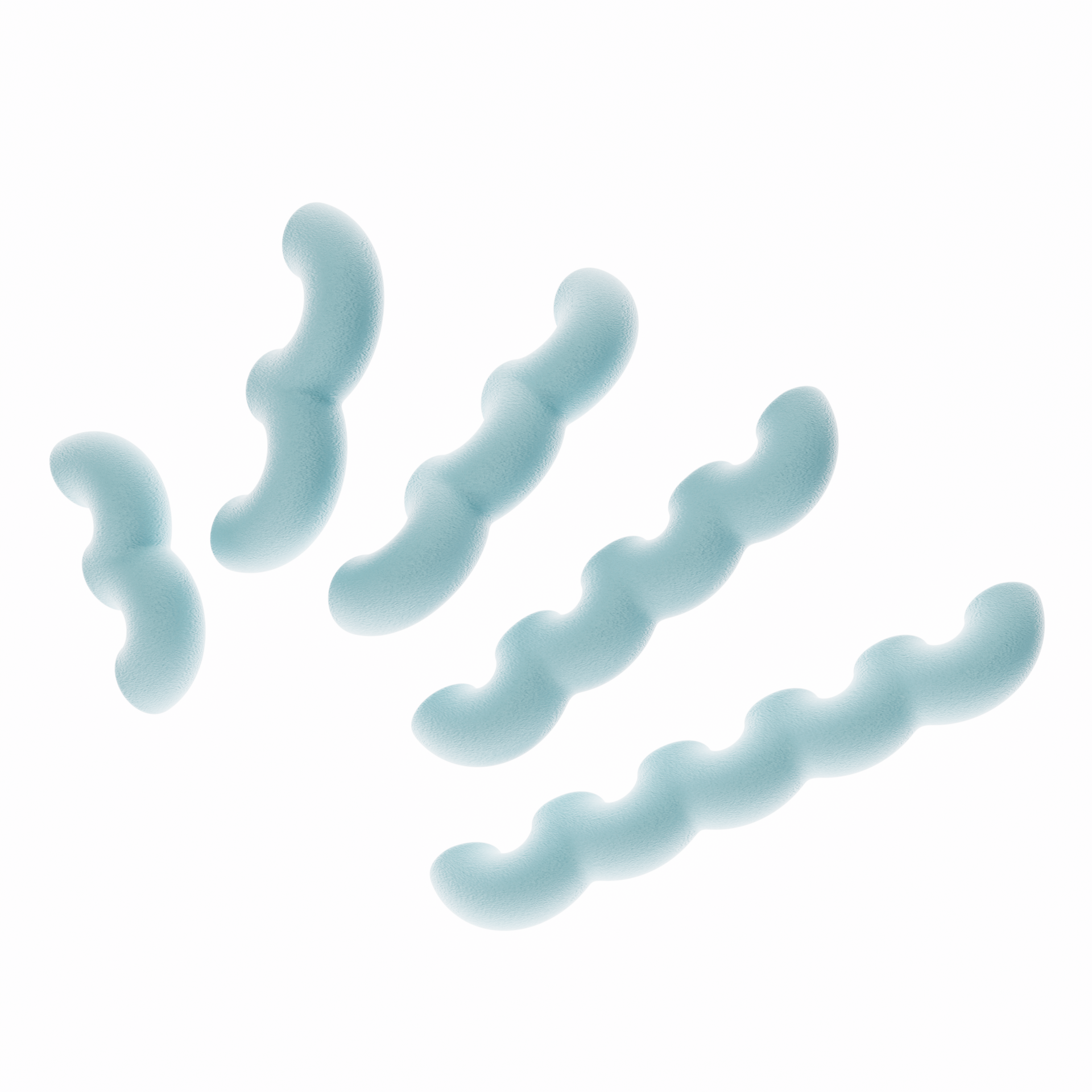 Une vue de présentation de cinq poignées de meubles ondulées en bleu pastel , disposées en diagonale par ordre de taille croissant sur un fond blanc pur. Cette image illustre clairement les cinq différentes longueurs disponibles dans la collection. Leur texture est mate et légèrement granuleuse, typique du biopolymère.
