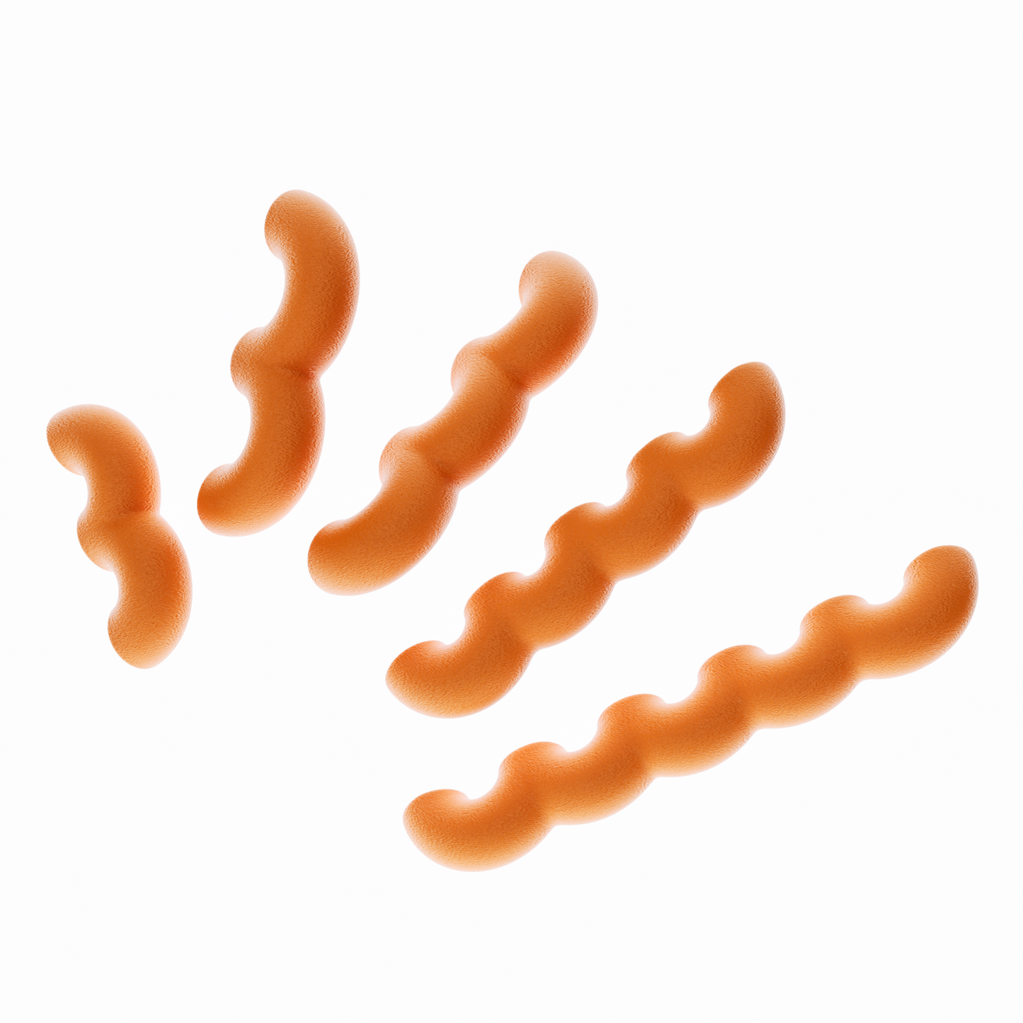 Une vue de présentation de cinq poignées de meubles ondulées en orange, disposées en diagonale par ordre de taille croissant sur un fond blanc pur. Cette image illustre clairement les cinq différentes longueurs disponibles dans la collection. Leur texture est mate et légèrement granuleuse, typique du biopolymère.