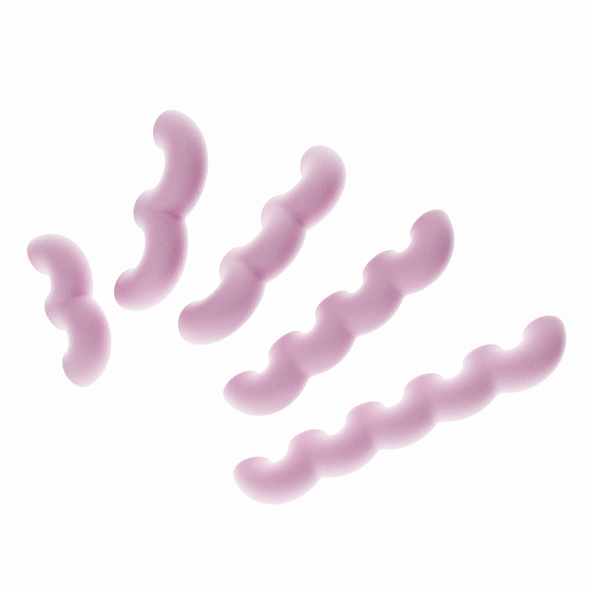Une vue de présentation de cinq poignées de meubles ondulées en rose pastel, disposées en diagonale par ordre de taille croissant sur un fond blanc pur. Cette image illustre clairement les cinq différentes longueurs disponibles dans la collection. Leur texture est mate et légèrement granuleuse, typique du biopolymère.