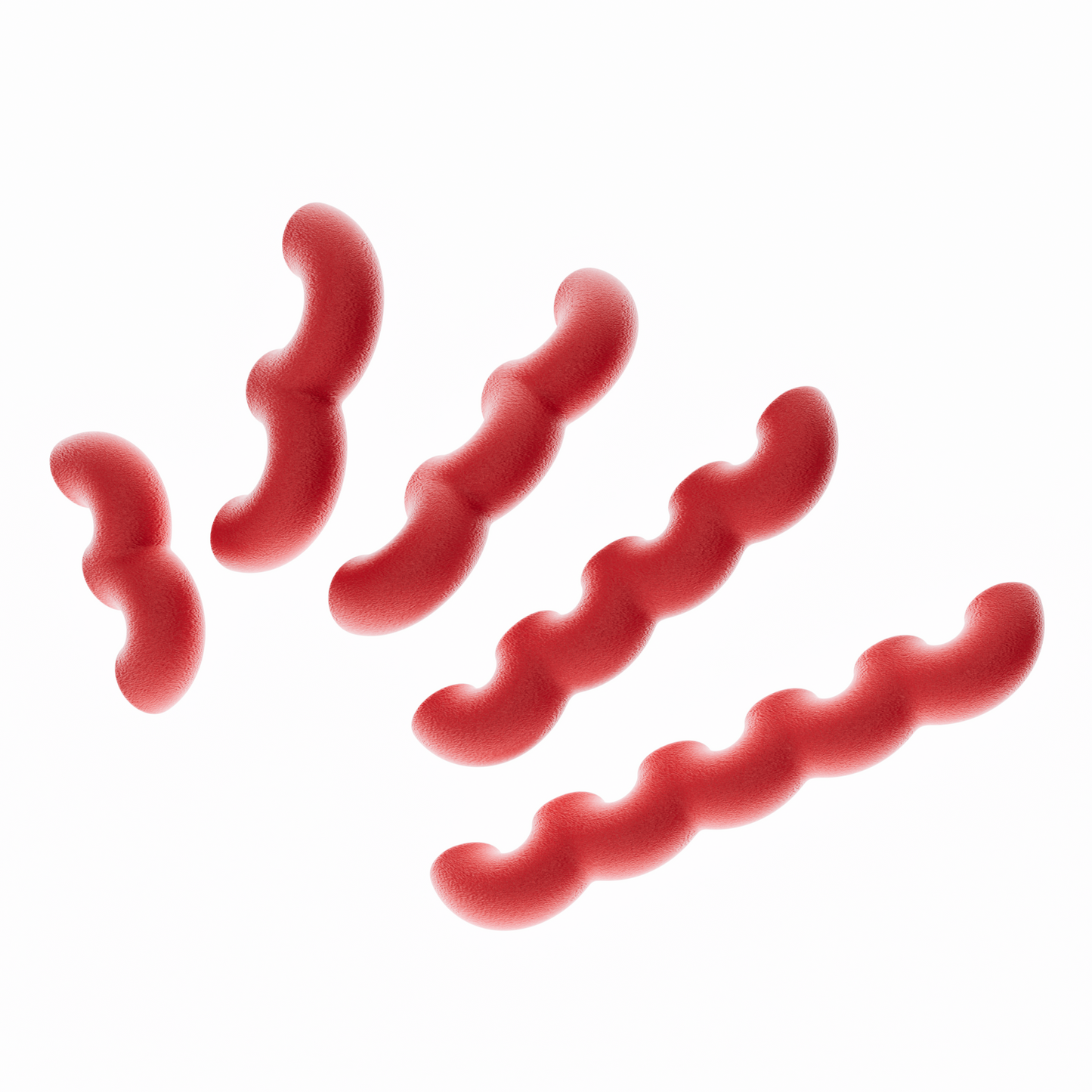 Une vue de présentation de cinq poignées de meubles ondulées en rouge vif, disposées en diagonale par ordre de taille croissant sur un fond blanc pur. Cette image illustre clairement les cinq différentes longueurs disponibles dans la collection. Leur texture est mate et légèrement granuleuse, typique du biopolymère.