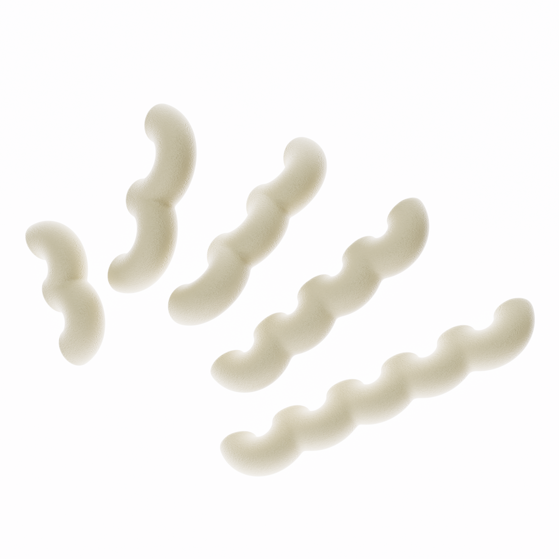 Une vue de présentation de cinq poignées de meubles ondulées en desert tan, disposées en diagonale par ordre de taille croissant sur un fond blanc pur. Cette image illustre clairement les cinq différentes longueurs disponibles dans la collection. Leur texture est mate et légèrement granuleuse, typique du biopolymère.