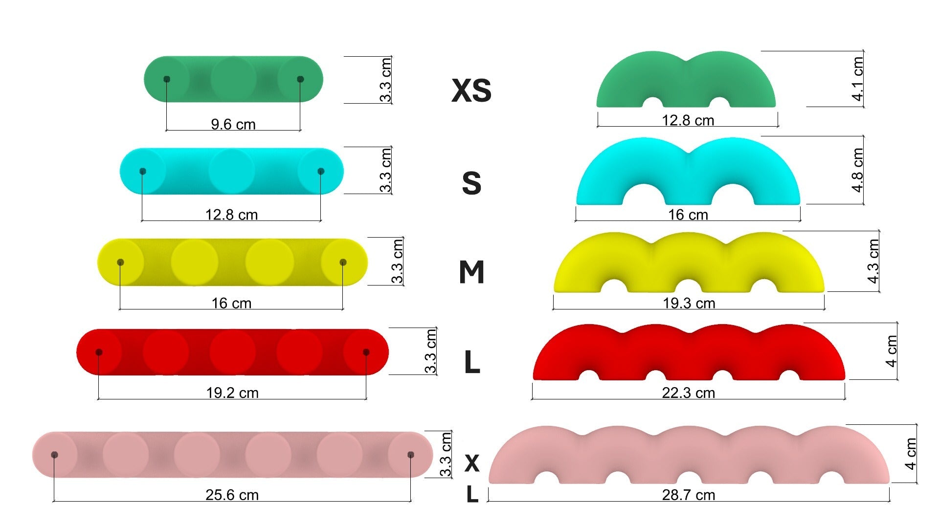 photo d'information des différentes tailles de poignées disponible à l'achat (5 tailles)