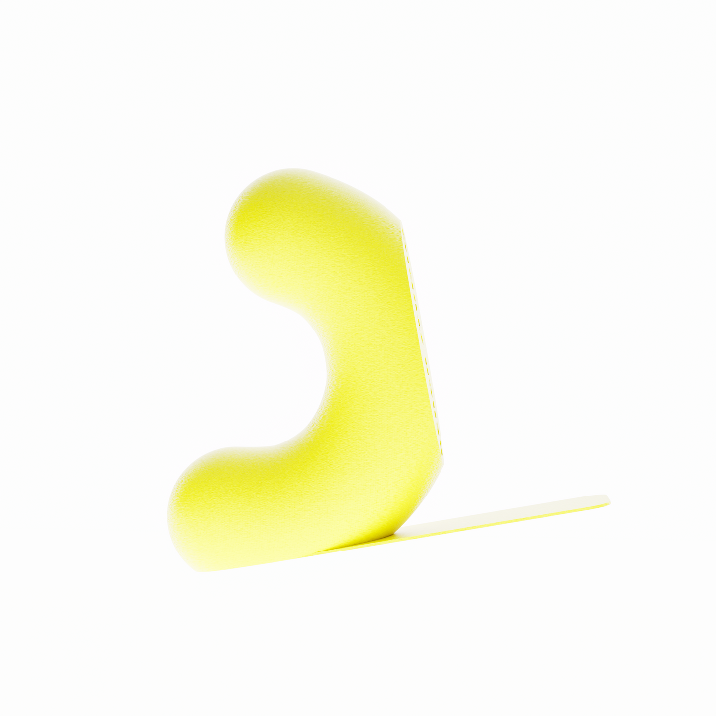 Un serre-livre design de la marque Benga Studio, de couleur jaune vif mat. L'objet moderne a une forme de U stylisé, avec une hauteur de 15 cm. Il est présenté sur un fond blanc pur, avec une languette de support  mince et horizontal s'étendant à droite pour supporter des grands livres. Le serre-livre a une texture fine, lisse et mate. Il est conçu pour maintenir des livres lourds de manière discrète et élégante.