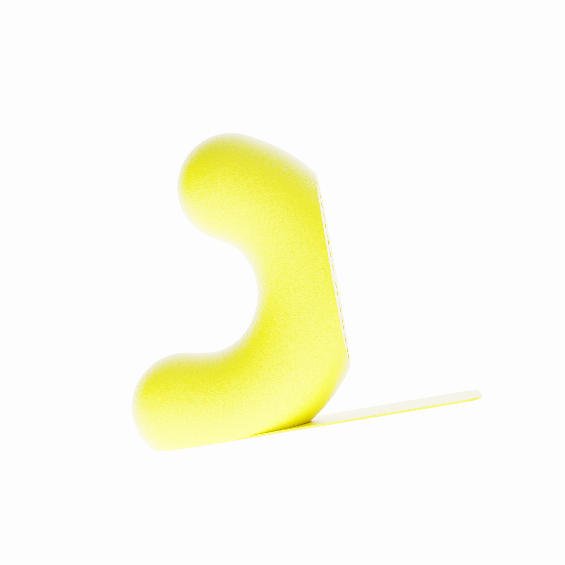 Un serre-livre design de la marque Benga Studio, de couleur jaune vif mat. L'objet moderne a une forme de U stylisé, avec une hauteur de 15 cm. Il est présenté sur un fond blanc pur, avec une languette de support  mince et horizontal s'étendant à droite pour supporter des grands livres. Le serre-livre a une texture fine, lisse et mate. Il est conçu pour maintenir des livres lourds de manière discrète et élégante.