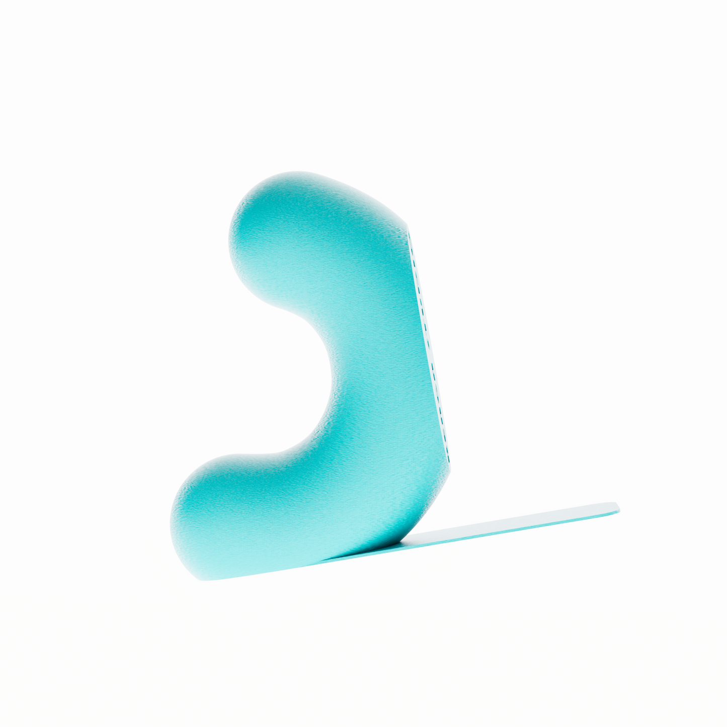 Un serre-livre design de la marque Benga Studio, de couleur turquoise. L'objet moderne a une forme de U stylisé, avec une hauteur de 15 cm. Il est présenté sur un fond blanc pur, avec une languette de support  mince et horizontal s'étendant à droite pour supporter des grands livres. Le serre-livre a une texture fine, lisse et mate. Il est conçu pour maintenir des livres lourds de manière discrète et élégante.