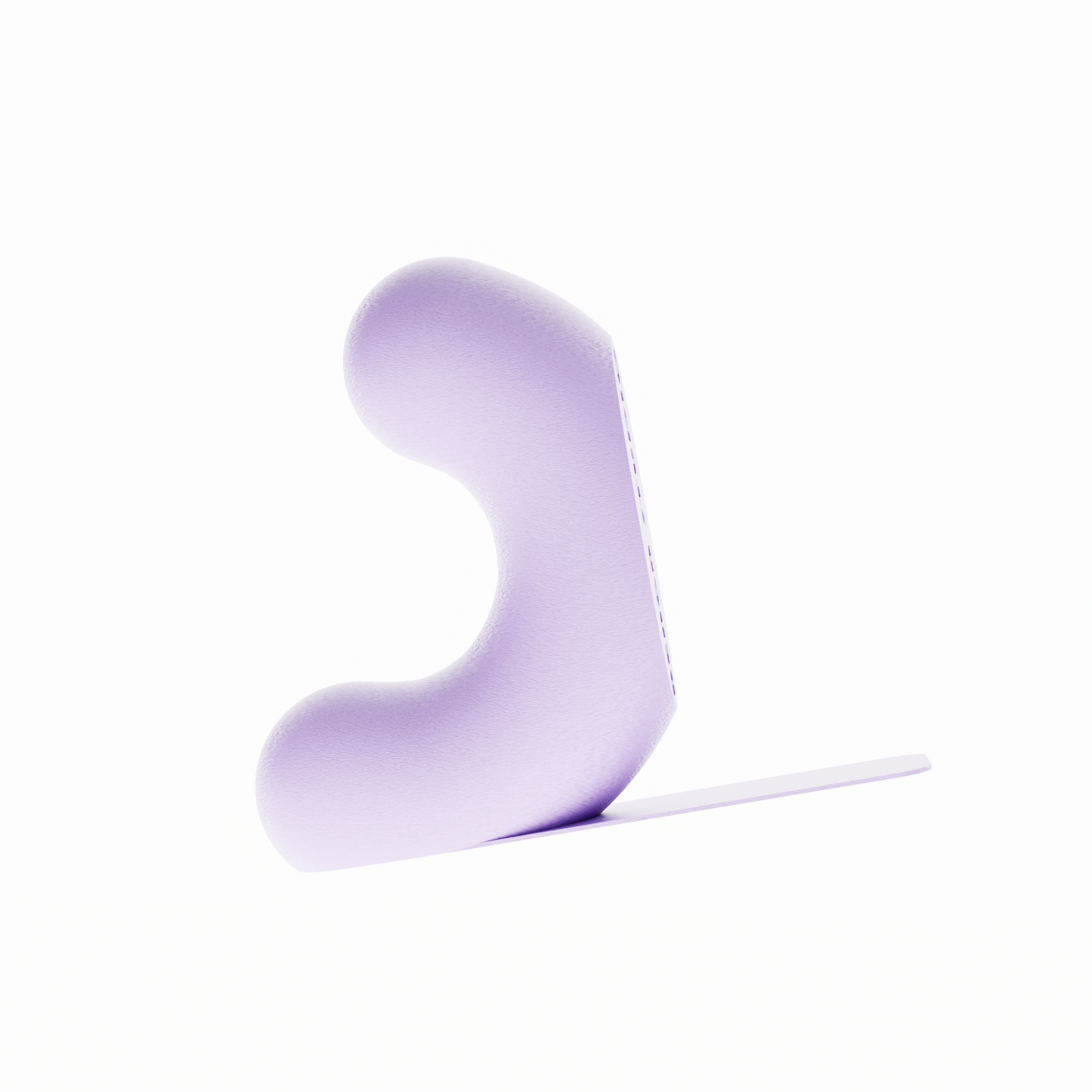 Un serre-livre design de la marque Benga Studio, de couleur violet pastel mat. L'objet moderne a une forme de U stylisé, avec une hauteur de 15 cm. Il est présenté sur un fond blanc pur, avec une languette de support  mince et horizontal s'étendant à droite pour supporter des grands livres. Le serre-livre a une texture fine, lisse et mate. Il est conçu pour maintenir des livres lourds de manière discrète et élégante.